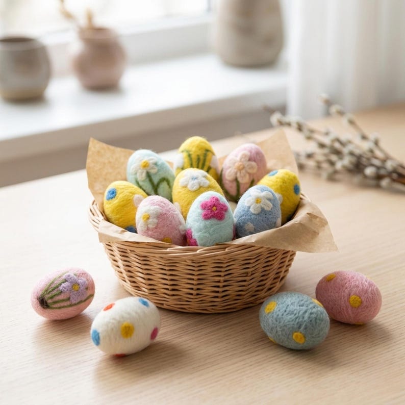 May include: A wicker basket filled with colorful, decorated Easter eggs. The eggs are various colors, including yellow, pink, blue, and white, and are adorned with floral and dot designs. Several additional eggs are scattered around the basket on a wooden surface.