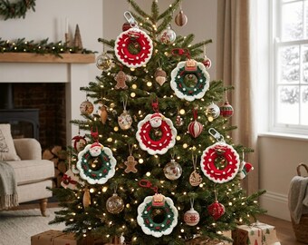 May include: A collection of six crocheted Christmas wreath ornaments hanging on a green pine tree. Each wreath features a red or green circular base with a white scalloped border and a small Santa Claus figure attached to the top with a metal clip.