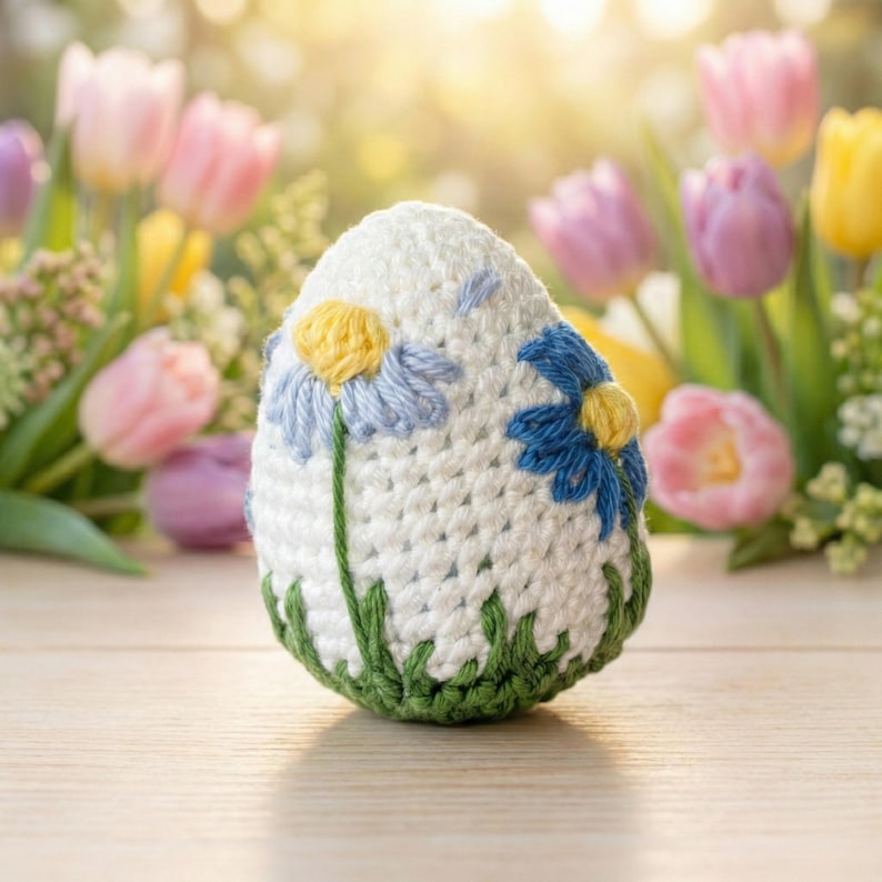 K&ouml;nnte beinhalten: Ein wei&szlig;es, geh&auml;keltes Osterei, verziert mit blauen und gelben G&auml;nsebl&uuml;mchen und gr&uuml;nem Gras. Das Ei steht vor einem verschwommenen Hintergrund aus bunten Tulpen, was ein Fr&uuml;hlingsmotiv erzeugt.