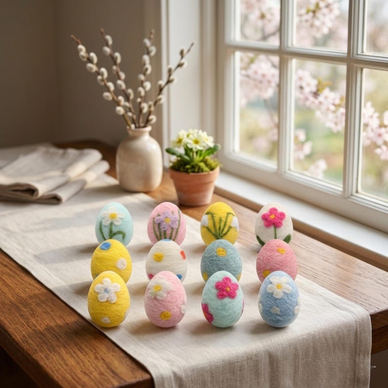 May include: A collection of twelve decorative Easter eggs with floral designs. The eggs are in various pastel colors, including yellow, pink, blue, and white. Each egg features a different embroidered flower. The eggs are arranged on a neutral-colored runner.