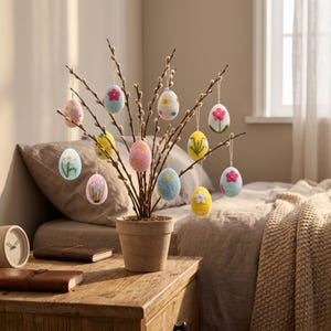 May include: A decorative Easter tree with hanging, colorful, felt Easter eggs. The eggs are decorated with floral designs and suspended from branches in a terracotta pot. The tree sits on a wooden nightstand next to a bed.