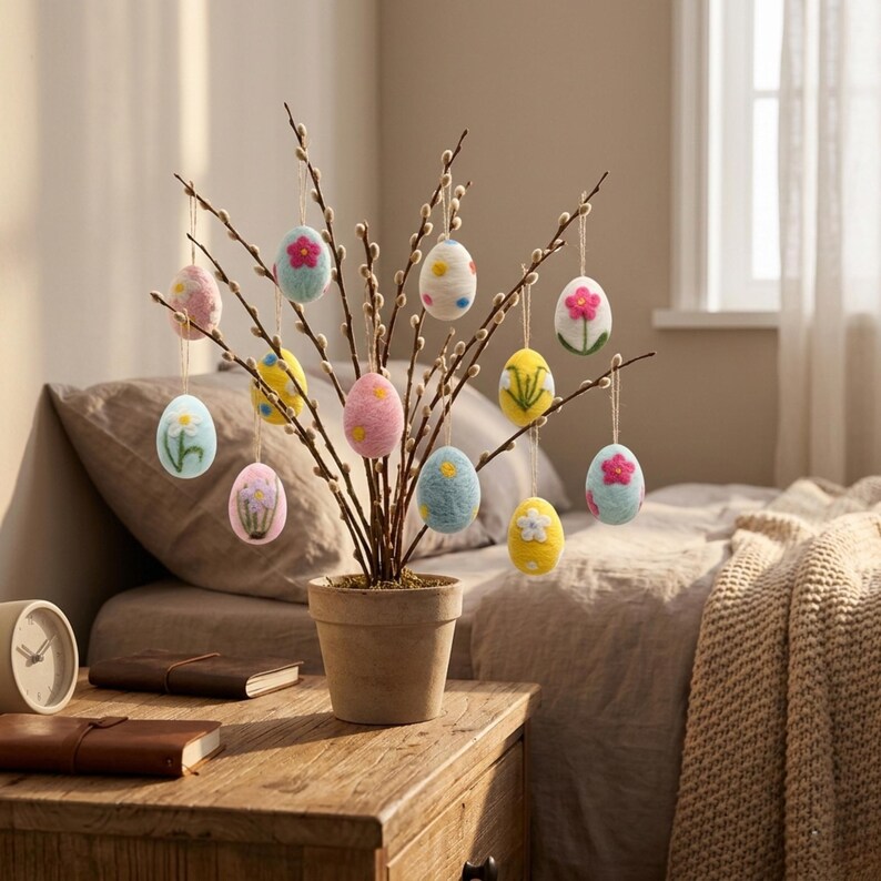 May include: A decorative Easter tree with hanging, colorful, felt Easter eggs. The eggs are decorated with floral designs and suspended from branches in a terracotta pot. The tree sits on a wooden nightstand next to a bed.