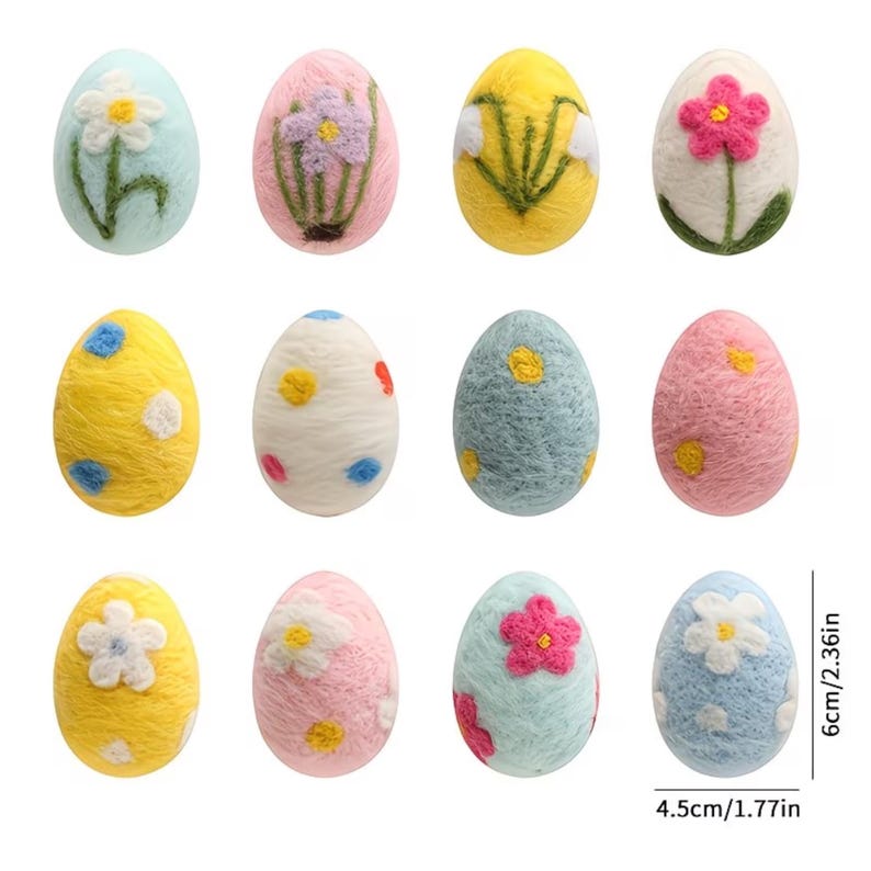May include: A collection of twelve decorative Easter eggs. The eggs are in various pastel colors, including yellow, pink, and blue, and are adorned with floral designs. Each egg measures approximately 2.36 inches in height and 1.77 inches in width.