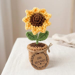 Könnte beinhalten: Eine handgefertigte Häkel-Sonnenblume in einem kleinen Topf. Die Sonnenblume hat gelbe Blütenblätter und eine braune Mitte. Der Topf ist braun und beige, mit einem kleinen Anhänger mit der Aufschrift "Schön, dass du da bist!" in einem kreisförmigen Design.