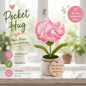 Könnte beinhalten: Eine gehäkelte rosa-weiße Blume in einem kleinen weißen Topf mit grünem Blattwerk. Ein rundes Holzschild hängt am Topf mit dem Text 'Danke, dass du mir beim Wachsen geholfen hast.' Das Bild enthält den Text 'Pocket Hug' und 'Kleine Blume. Grosse Wirkung.'
