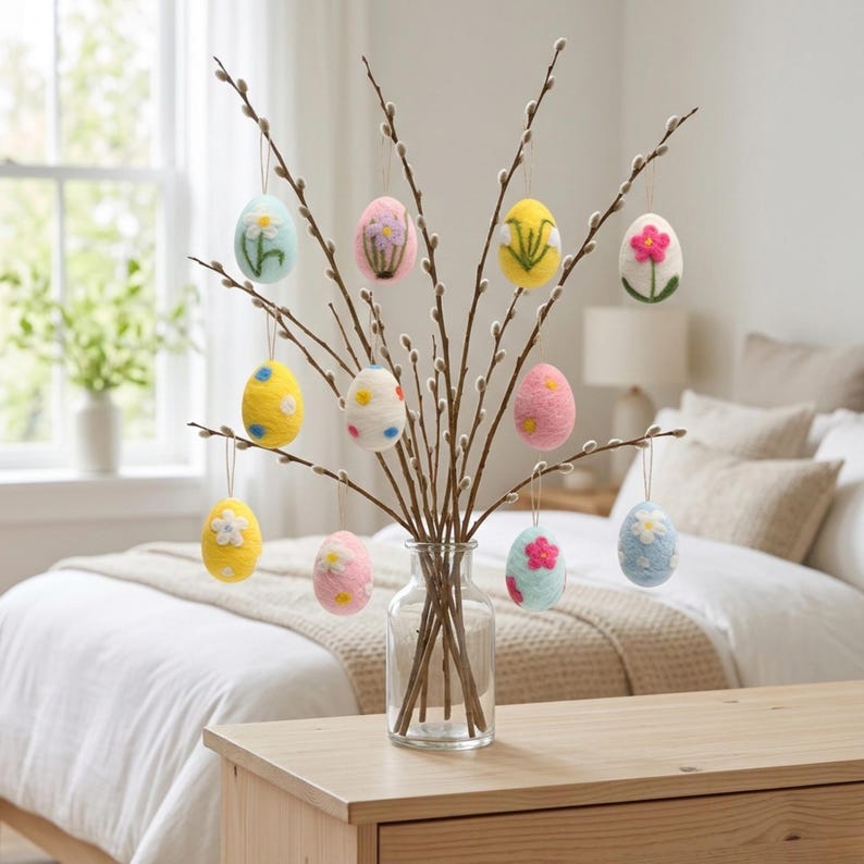 May include: A clear glass vase holds pussy willow branches adorned with colorful, felt Easter egg ornaments. The eggs are decorated with floral designs and various colors, including yellow, pink, and blue. The arrangement sits on a wooden table in a bedroom setting.