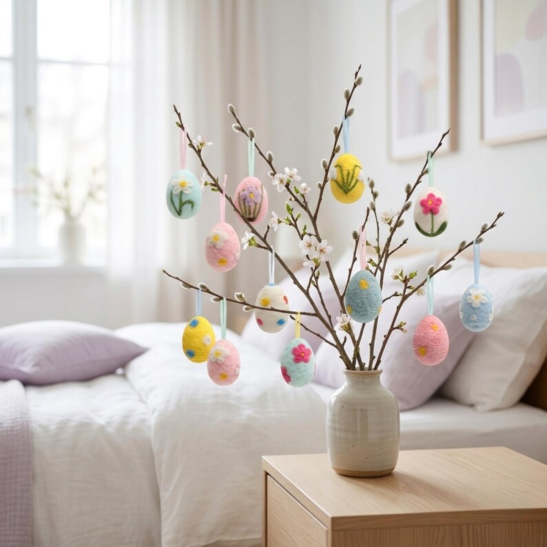 May include: A decorative arrangement of Easter eggs hanging from branches in a vase. The eggs are pastel colors, decorated with floral designs, and suspended by ribbons. The vase is beige, and the background includes a bed and window.
