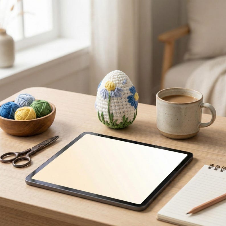 K&ouml;nnte beinhalten: Ein handgeh&auml;keltes Osterei mit blauen und gelben Blumen auf einem Holztisch. Daneben befinden sich eine Schale mit Garn, eine Schere, ein Tablet, eine Kaffeetasse und ein Notizblock mit Bleistift. Das Ei ist wei&szlig; mit blauen und gelben Blumenakzenten.