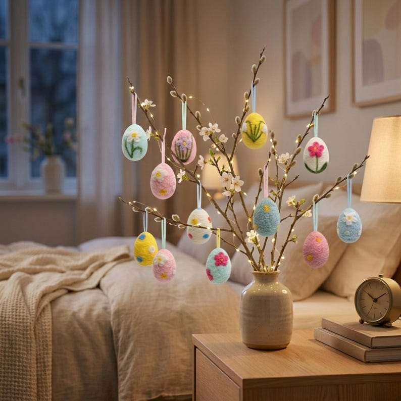 May include: A decorative Easter display featuring a vase with branches adorned with colorful, felt Easter egg ornaments. The eggs are in various pastel colors, decorated with floral patterns. A bedside table with a clock and lamp is in the background.