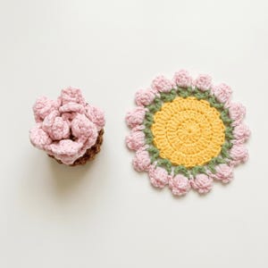 Könnte beinhalten: Eine gehäkelte Sukkulente in einem braunen Topf mit rosa Blütenblättern und ein runder Häkeluntersetzer mit einer leuchtend gelben Mitte, umgeben von einem Kranz aus kleinen rosa Blütenknospen mit grünen Stielen und Blättern.
