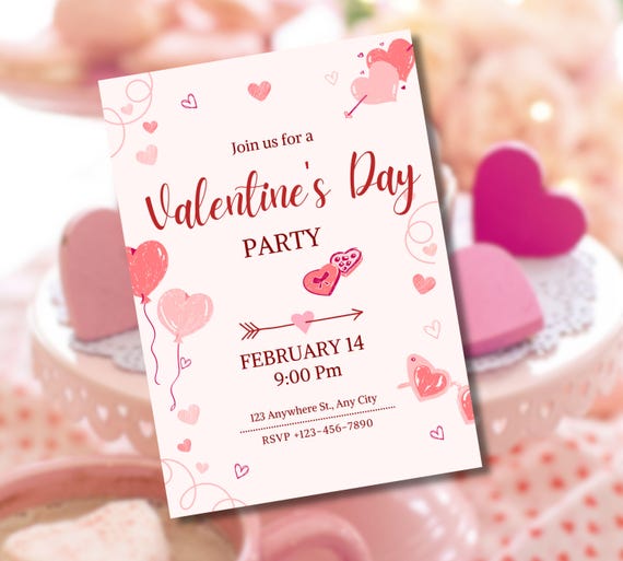 Editable Valentine's Day Party Invitation Templates, Valentines Brunch party Invite, Valentines Heart Dinner Party Card Valentines Invite