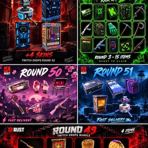 May include: A digital collage of Rust game item skins organized by round numbers 49 through 52. The image displays various virtual assets including weapons, storage containers, tools, and decorative objects in distinct color-coded themes.