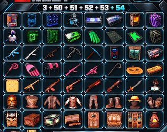 May include: A digital grid display titled RUST ALL ROUNDS featuring 58 individual game items including various weapons, clothing, storage containers, and furniture icons arranged in rows against a dark metallic background with blue neon accents.