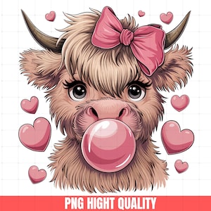Highland Coquette Cow png, Valentine Coquette Png, Valentine&#39;s Day, Retro Valentine Png, Valentine Heart Png, Love Png