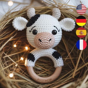 Crochet Cow Baby Rattle Pattern, Amigurumi Farm Animal Toy, Instant PDF, Baby Shower Gift, Easy Beginner Crochet, Easy Crochet Pattern