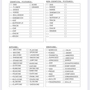 May include: A black and white printable worksheet with a list of items and actions. The worksheet is titled "What is in each stimuli box..." and includes two sections: "Identical Pictures" and "Non-Identical Pictures". The worksheet also includes two sections: "Actions" and "Emotions".