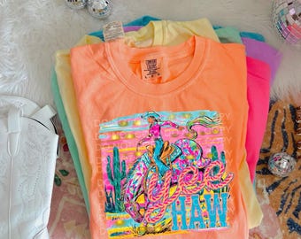 Yee Haw Cowgirl T-Shirt – Neon Western Rodeo Graphic Tee – Colorful Cactus Sunset Horse Rider Shirt – Bold Southern Country Style