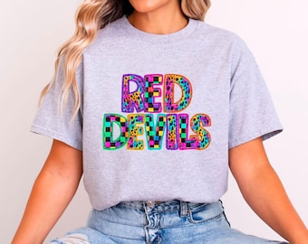 Colorful Red Devils Plaid and Leopard Print Design DTF Transfer Print for T-Shirts, Apparel & More | Custom SVG, Sublimation Print