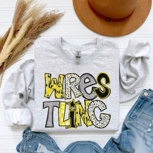 Yellow, Grey with White & Black Polka Dot Wrestling Text Art Design DTF Transfer Print for Tshirts, Apparel | Custom SVG, Sublimation Print