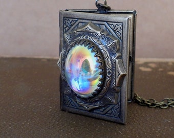 silver aurora vintage jeweled antique brass book locket necklace Swarovski vintage crystal photo locket gift for women unique jewelry