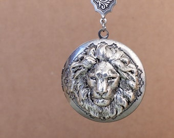 Silver lion locket, BRAVE ONE, antiqued silver photo locket necklace gift for her, locket with photos, unique gift unisex locket pendant