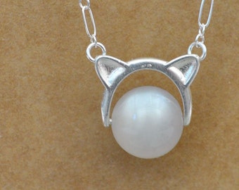 Silver moonstone cat necklace AAA white moonstone bead cute kitty cat charm jewelry gift for girls moonlit moonstone jewelry