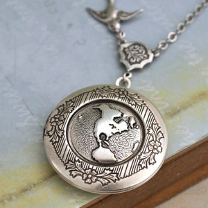 silver world map silver globe locket necklace, antique silver globe locket necklace