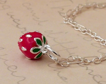 dainty 925 sterling silver enameled strawberry necklace, solid double sided 3D charm, simple delicate, everyday wear, minimalist,