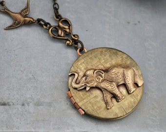 vintage elephant locket BEST OF FRIENDS baby elephant sparrow bird vintage locket necklace antiqued brass friendship gift unique jewelry