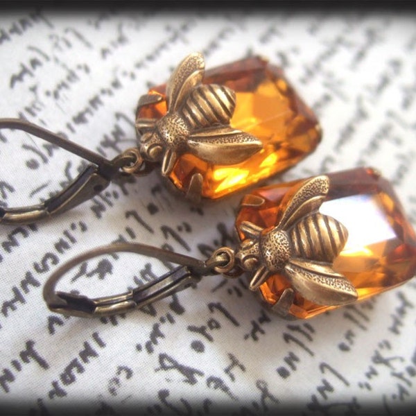 HONEY, estate style earrings with vintage glass jewels and antiqued brass bee charms