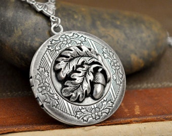 Silver acorn oak tree leaf locket necklace jewelry gift for women photo locket tree locket necklace handmade jewelry gift