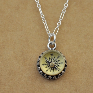 silver compass necklace - GUIDANCE - antiqued sterling silver necklace with miniature vintage working compass