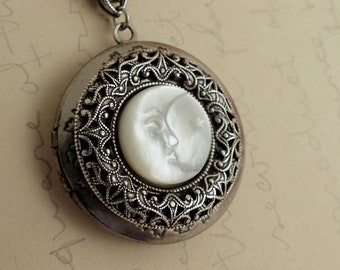 Silver moon and star shell cameo locket necklace Victorian style photo locket jewelry gift for women paper clip chain antique silver plated