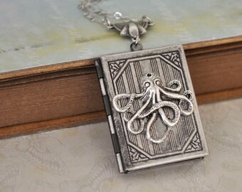 silver locket necklace, book locket, OCTOPUS LOCKET octopus book style locket necklace in antique silver