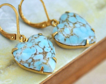 boho earrings, turquoise earrings, gold brass earrings, vintage jewel earrings, BLUE HEARTS. vintage glass Turquoise earring