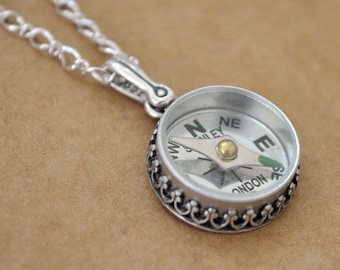 Working compass necklace GUIDANCE antiqued 925 sterling silver necklace with miniature compass, vintage style compass jewelry for women