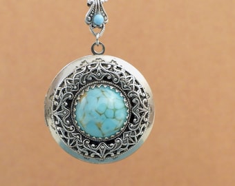 Silver turquoise locket necklace vintage blue turquoise matrix glass jeweled locket necklace, Victorian style antiqued silver plated locket