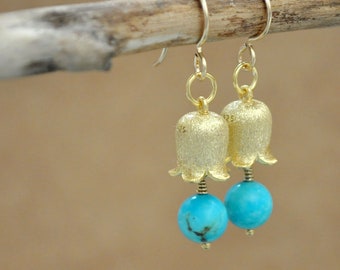 Gold bell flower earrings, Hubei turquoise beads, vermeil 925 sterling silver flower bud earrings, gold filled, something blue earrings