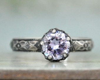 STERLING ALEXANDRITE RING hand made floral band oxidized sterling silver ring with color changing cz Alexandrite stone
