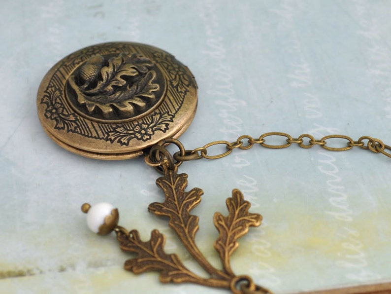 brass acorn locket necklace FIND UNDER The OAKTREE antiqued brass acorn and oak tree leaf locket necklace image 2