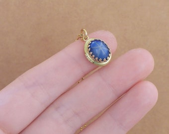 Tiny blue star locket necklace Vintage petite brass locket vintage faux star sapphire photo locket satellite chain necklace gift for women