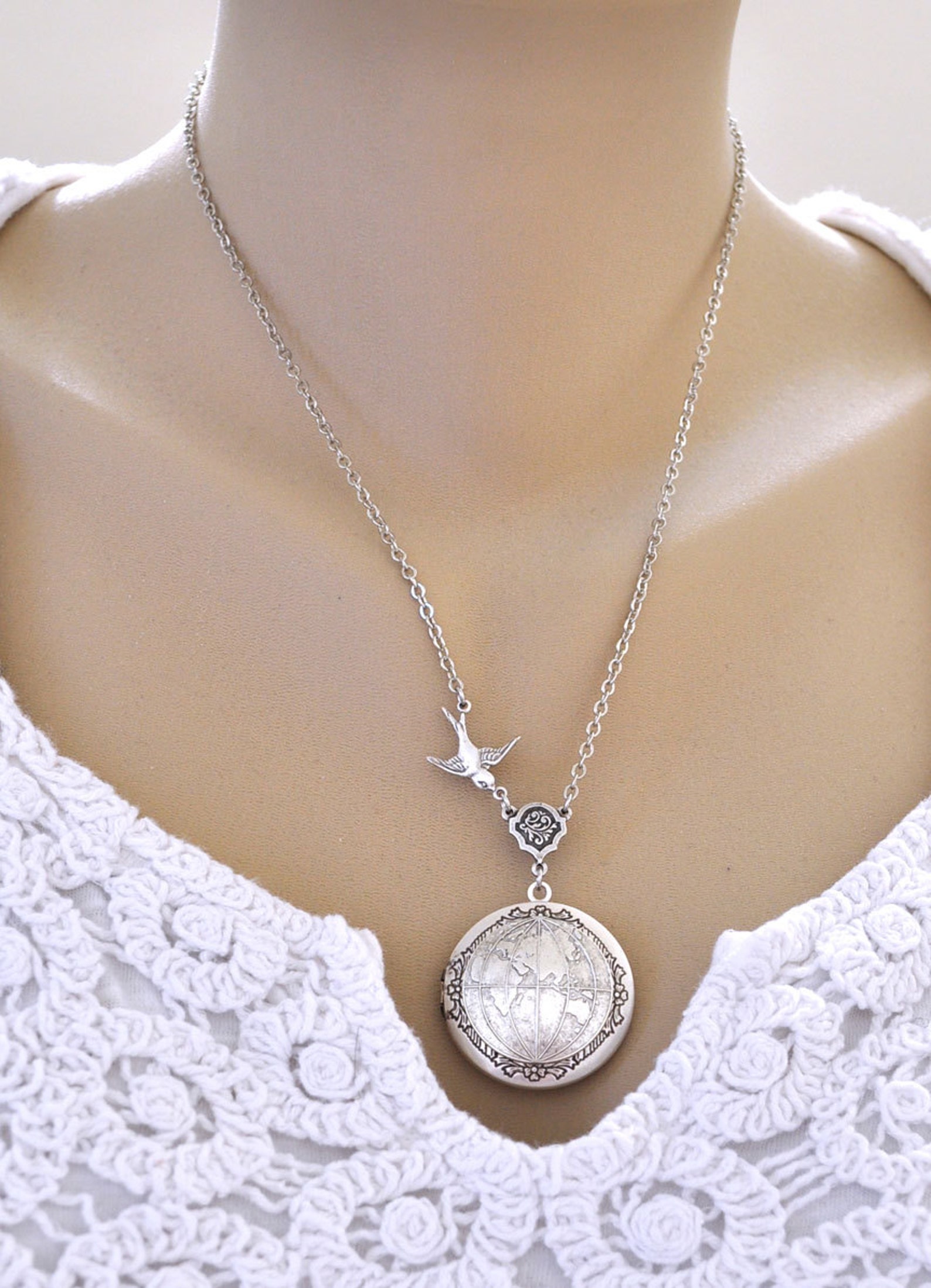 Silver Locket Necklace ONE WORLD Antique Silver World Map Etsy