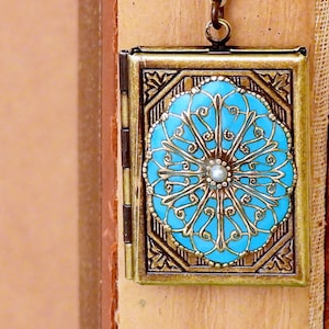 Book photo locket necklace Victorian filigree blue enamel pearl necklace for her wedding vintage style jewelry necklace for women
