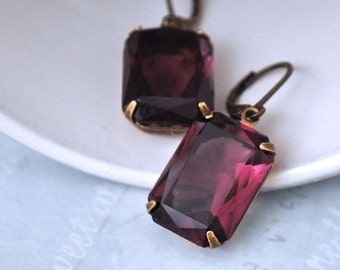 handmade deep purple wine color vintage jeweled earrings, estate style earrings, dark violet square antique brass earrings, gift under 20