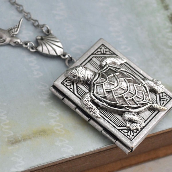 silver turtle and bird locket, BEST OF FRIENDS, silver turtle sparrow bird book style locket necklace antiqued silver