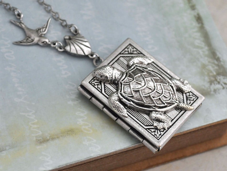 handmade silver book locket, sea turtle and sparrow bird photo locket, locket for 2 pictures, long chain, antique silver plated book locket image 2