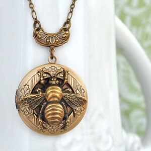 womens locket necklace - THE BEE LOCKET - antiqued brass bumble bee locket necklace