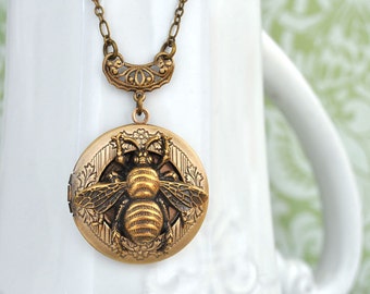 womens locket necklace - THE BEE LOCKET - antiqued brass bumble bee locket necklace