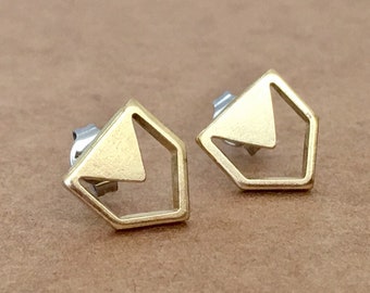 chevron shaped earrings, geometric earrings, V shaped, small stud brass earrings, small gold color brass stud, gift under 10