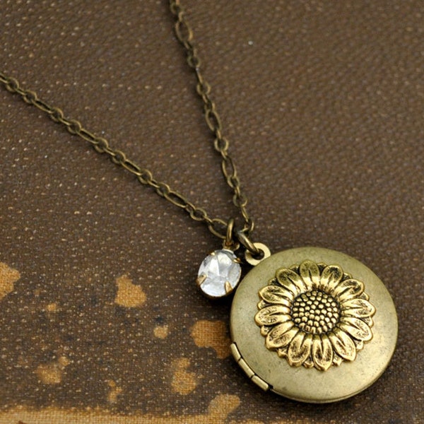 PETITE SUNFLOWER LOCKET, vintage brass locket, flower locket, wildflower locket, glass crystal jewel